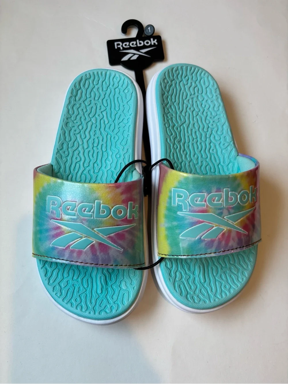 New Reebok Kids' Teal Tie-Dye Slide Sandals size 1